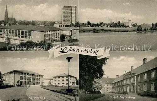 AK / Ansichtskarte Luenen Marienkirche und Rathaus Zeche Viktoria Am Stadtbad Schloss Cappenberg Luenen