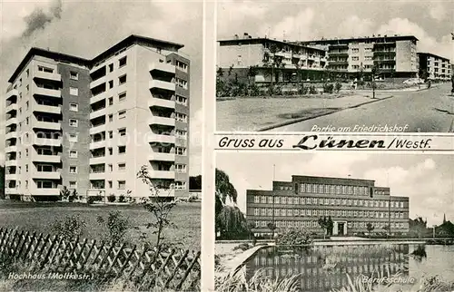 AK / Ansichtskarte Luenen Hochhaus Moltkestrasse Partie am Friedrichshof Berufsschule Luenen