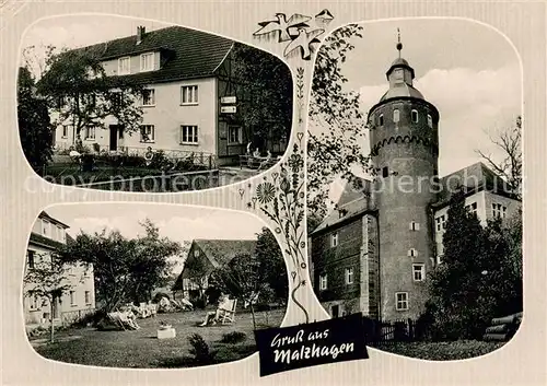 AK / Ansichtskarte Malzhagen Gaststaette und Pension Hufenbecher Liegewiese Turm Malzhagen