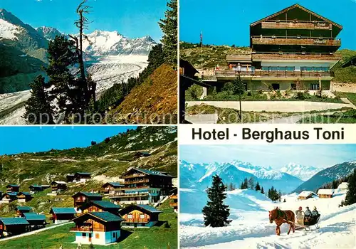 AK / Ansichtskarte Riederalp Hotel Berghaus Toni Ferienhaeuser Pferdeschlitten Winterpanorama Walliser Alpen Riederalp