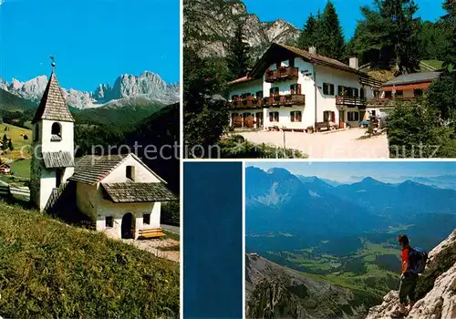 AK / Ansichtskarte Tiers_Tires Pension Bergheim Kirche Bergwandern Rosengarten Dolomiten Fernsicht Alpenpanorama 