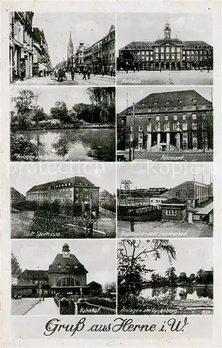 AK / Ansichtskarte Herne_Westfalen Bahnhofstr Rathaus Anlagen am Gysenberg Polizeiamt Staedt Sparkasse Sommerbad Bahnhof Herne_Westfalen