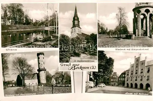 AK / Ansichtskarte Beckum_Westfalen Westpark St Stephanskirche Kriegerdenkmal Hoexberg mit Aussichtsturm Markt mit Rathaus Beckum_Westfalen