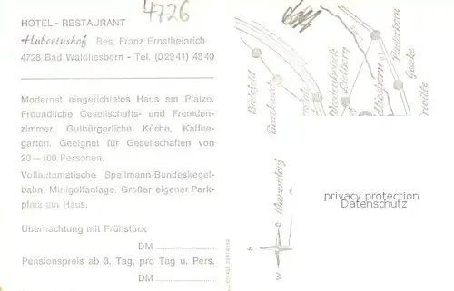 AK / Ansichtskarte Bad_Waldliesborn Hotel Restaurant Hubertushof Gastraum Minigolf Kegelbahn Bad_Waldliesborn