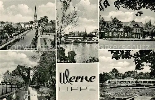 AK / Ansichtskarte Werne_Unna Steinstrasse Pfarrkirche Stadtpark Bahnhof Werne Muehle Warmquellen Freibad Werne_Unna