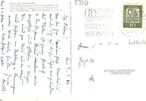 AK / Ansichtskarte Bad_Godesberg Haus der Frauenhilfe und Mutterhaus der Schwesternschaft der Ev Frauenhilfe im Rheinland Fliegeraufnahme Bad_Godesberg