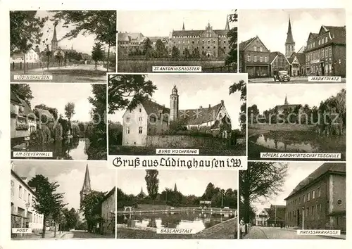 AK / Ansichtskarte Luedinghausen St Antoniuskloster Marktplatz Am Steverwall Burg Vischering Landwirtschaftsschule Post Badeanstalt Kreissparkasse Luedinghausen