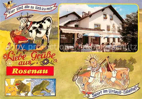 AK / Ansichtskarte Rosenau_Grafenau Hotel Gasthof Postwirt Terrasse Karikaturen Kuh Briefschwalbe Frosch Tennis Rosenau Grafenau