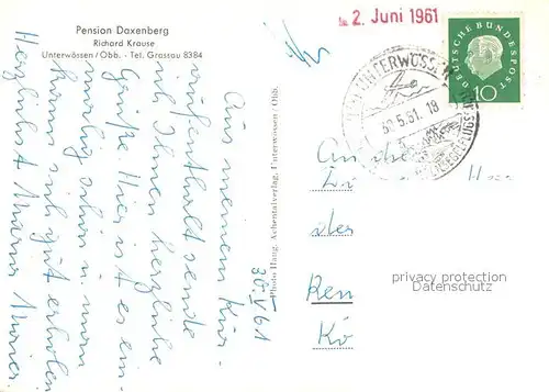 AK / Ansichtskarte Unterwoessen Pension Daxenberg Gastraum Wegekreuz Landschaftspanorama Alpen Unterwoessen