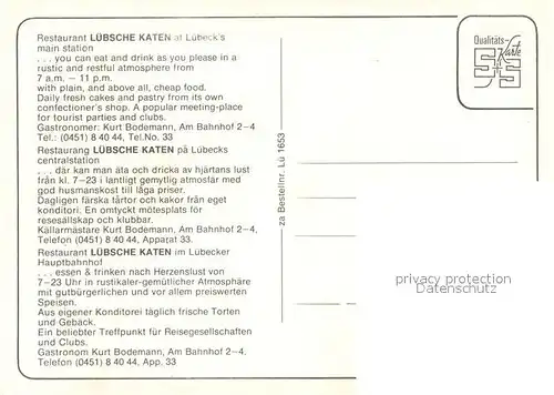 AK / Ansichtskarte Luebeck Restaurant Luebsche Katen im Hauptbahnhof Luebeck