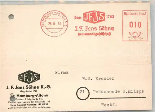 AK / Ansichtskarte Altona_Hamburg Firma J.F. Jens Soehne K.G. Geschaeftskorrespondenz Altona Hamburg
