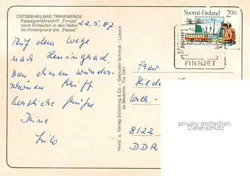 AK / Ansichtskarte Travemuende_Ostseebad Fliegeraufnahme mit Passagierschiff Finnjet beim Einlaufen in den Hafen mit Segelschiff Passat Travemuende_Ostseebad