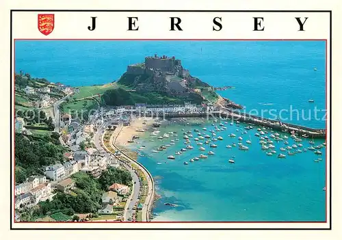 AK / Ansichtskarte Jersey_UK Aerial view of Mont Orgueil Castle and Gorey Harbour Jersey_UK