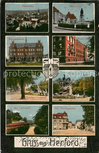 AK / Ansichtskarte Herford Panorama Buergerschule Realschule Schiller Denkmal Wittekind Denkmal Am Luebbertor Stephansplatz Herford