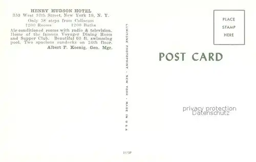 AK / Ansichtskarte New_York_City Henry Hudson Hotel Illustration New_York_City