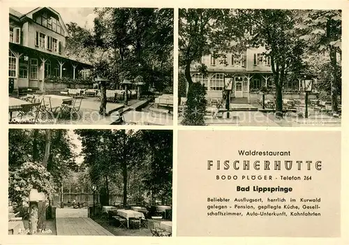 AK / Ansichtskarte Bad_Lippspringe Waldrestaurant Fischerhuette Eingang Terrasse und Teich Bad_Lippspringe