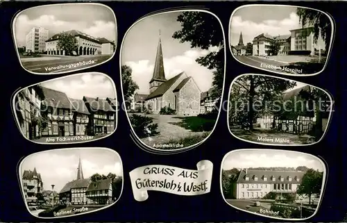AK / Ansichtskarte Guetersloh Verwaltungsgebaeude Alte Fachwerkhaeuser Berliner Strasse Apostelkirche Elisabeth Hospital Malers Muehle Bahnhof Guetersloh