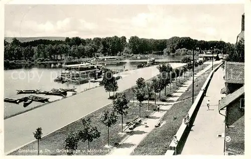 AK / Ansichtskarte Ginsheim Gustavsburg Gruenanlage und Motorboot Landeplatz Ginsheim Gustavsburg