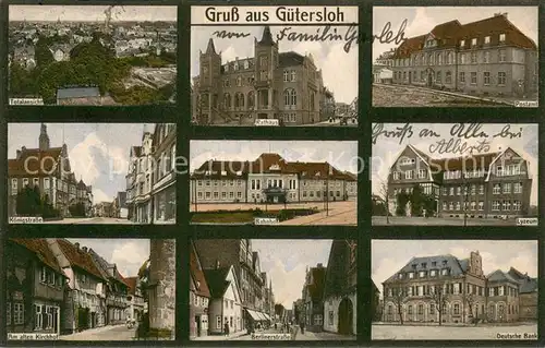 AK / Ansichtskarte Guetersloh Total Koenigstr Am alten Kirchhof Berlinerstr Bahnhof Rathaus Postamt Lyzeum Dt Bank Guetersloh