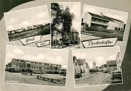 AK / Ansichtskarte Dudenhofen_Offenbach_Main Pfarrhaus Ev. Kirche Schulstrasse Schule Teilansicht d. Stadt Dudenhofen_Offenbach_Main