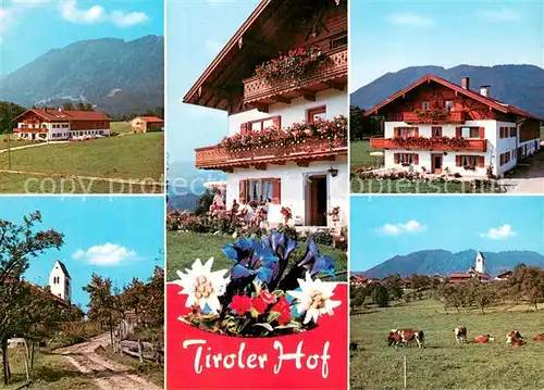 AK / Ansichtskarte Wackersberg_Bad_Toelz Gaestehaus Fremdenzimmer Tiroler Hof Ortsmotiv mit Kirche Viehweide Kuehe Blauer Enzian Edelweiss Bayerische Alpen Wackersberg_Bad_Toelz