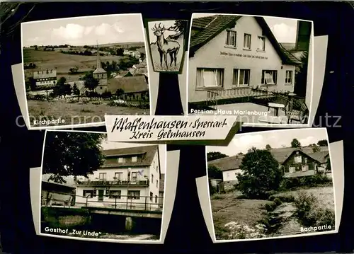 AK / Ansichtskarte Pfaffenhausen_Spessart Kirchpartie Pension Haus Marienburg Bachpartie Gasthof Zur Linde Pfaffenhausen Spessart