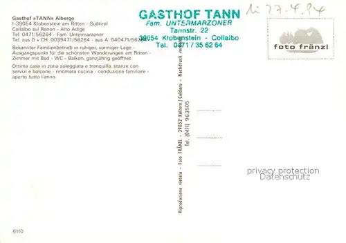 AK / Ansichtskarte Klobenstein_Ritten Gasthof Tann albergo Terrasse Panorama Klobenstein_Ritten
