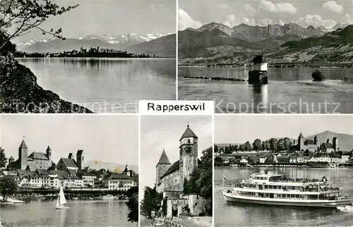 AK / Ansichtskarte Rapperswil_ Jona_SG Partien am Zuerichsee Schloss Alpenpanorama Fahrgastschiff 