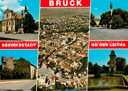 AK / Ansichtskarte Bruck_Leitha Pfarrkirche Stadtkern Dreifaltigkeitssaeule Stadtmauer Kriegergedenkstaette Fliegeraufnahme Bruck_Leitha