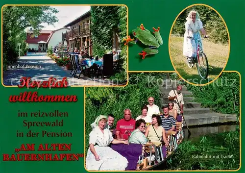 AK / Ansichtskarte Luebbenau_Spreewald Pension Am alten Bauernhafen Innenhof Kahnfahrt mit Tracht Luebbenau Spreewald