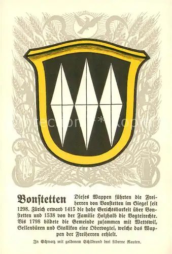 AK / Ansichtskarte Bonstetten_ZH Wappen Serie Zuercher Gemeindewappen Serie V Nr. 21 