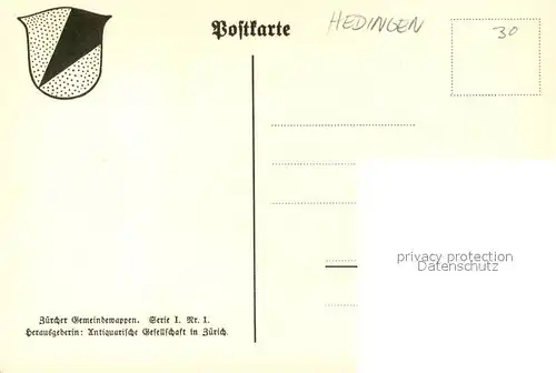 AK / Ansichtskarte Hedingen_ZH Wappen Serie Zuercher Gemeindewappen Serie I Nr. 1 