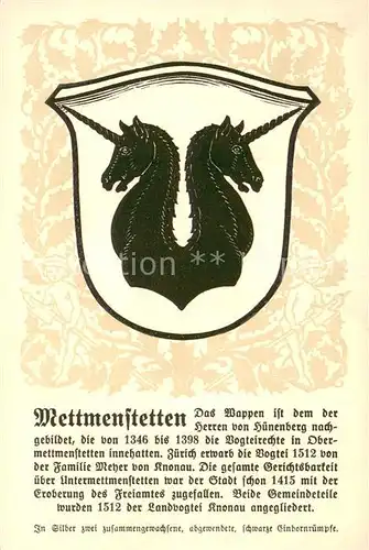 AK / Ansichtskarte Mettmenstetten_ZH Wappen Serie Zuercher Gemeindewappen Serie XVI Nr. 78 
