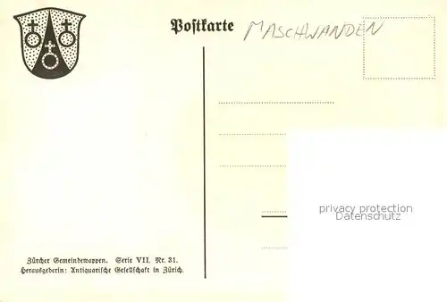 AK / Ansichtskarte Maschwanden_ZH Wappen Serie Zuercher Gemeindewappen Serie VII Nr. 31 