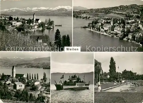 AK / Ansichtskarte Meilen Panorama Ort am Zuerichsee Faehre Schwan Badestrand Meilen