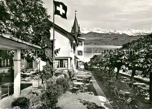 AK / Ansichtskarte Meilen Hoehenrestaurant Luft Terrasse Zuerichsee Alpen Schweizer Flagge Meilen
