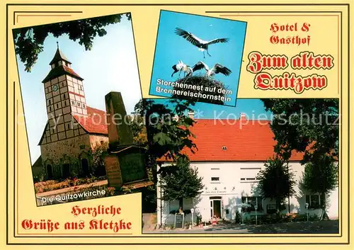 AK / Ansichtskarte Kletzke Hotel Gasthof Zum alten Quitzow Kirche Storchennest Kletzke