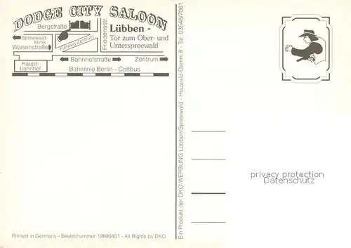 AK / Ansichtskarte Luebben_Spreewald Dodge City Saloon Ranch Reiten Kutsch  und Planwagenfahrten Ponyreiten Westernreiten Luebben Spreewald
