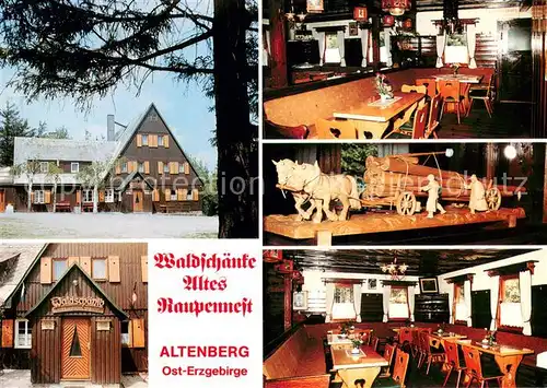 AK / Ansichtskarte Altenberg_Erzgebirge Waldschaenke Altes Raupennest Gastraum Holzschnitzereien Pferdegespann Holzfaellarbeiten Altenberg Erzgebirge