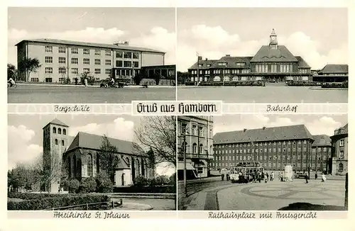 AK / Ansichtskarte Hamborn Bahnhof Bergschule Abteikirche St. Johann Rathausplatz m. Amtsgericht und Strassenbahn Hamborn