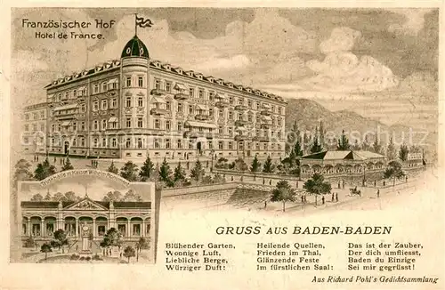 AK / Ansichtskarte Baden Baden Franzoesischer Hof Trinkhalle mit Kaiser Wilhelm Monument Baden Baden