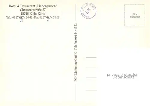 AK / Ansichtskarte Klein_Koeris Hotel Restaurant Lindengarten Wasserstrasse Fahrgastschiff Klein_Koeris