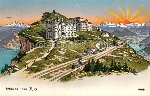 AK / Ansichtskarte Rigi_Kulm Berghotel Zahnradbad Sonnenaufgang in der Alpen Kuenstlerkarte Rigi_Kulm