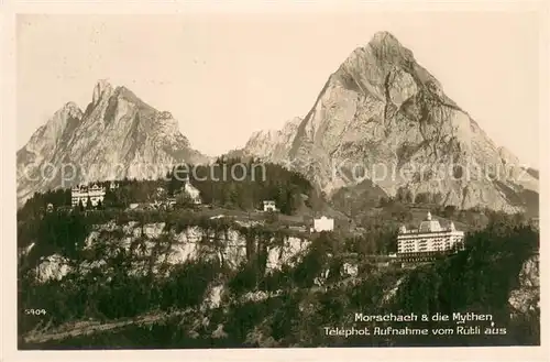 AK / Ansichtskarte Morschach_SZ und die Mythen Aufnahme vom Ruetli aus Alpen 