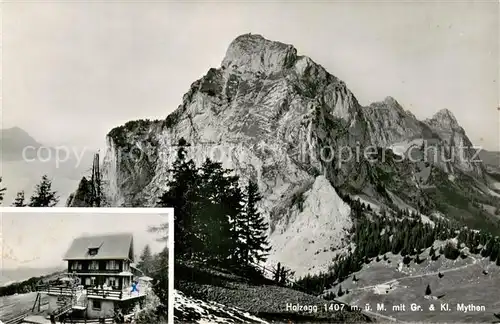 AK / Ansichtskarte Holzegg_SZ Berghaus mit Grosse und Kleine Mythen Alpen 