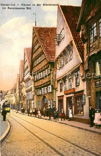 AK / Ansichtskarte Osnabrueck Haeuser i. d. Bierstrasse im Renaissance Stil m. Strassenbahn Geschaeft Peter Henseler Osnabrueck