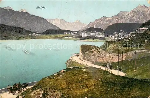 AK / Ansichtskarte Maloja_GR Uferstrasse am Silsersee Pferdekutschen Maloja_GR