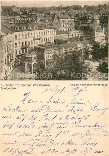 AK / Ansichtskarte Wiesbaden Kurhotel Roemerbad Wiesbaden An den Kochbrunnenanlagen Wiesbaden