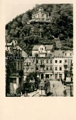 AK / Ansichtskarte Bad_Schandau Schlossbastei Restaurant und Strassenbahn Bad_Schandau