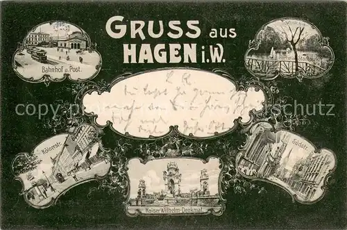 AK / Ansichtskarte Hagen_Westfalen Kaiser Wilhelm Denkmal Suedstr. Partie im Stadtpark Bahnhof u. Post Koelnerstr. Lupen Karte Hagen_Westfalen